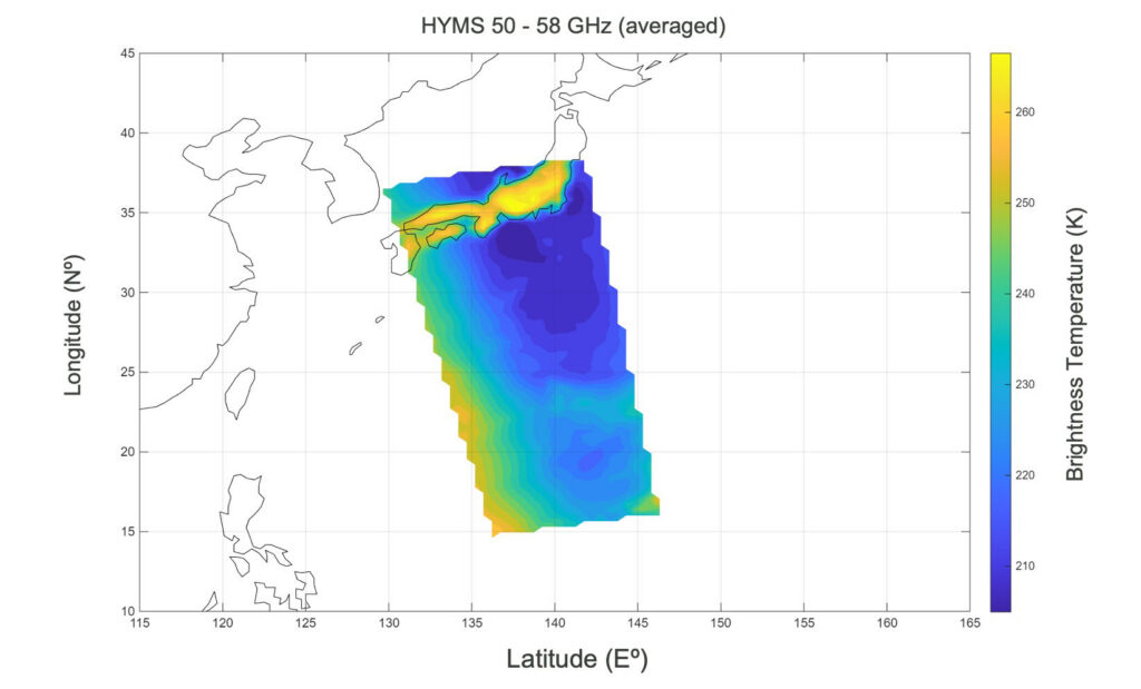 HyMS first-light data showing brightness temperature observations in the 50–58 GHz oxygen band, a highly impactful microwave frequency range used to retrieve atmospheric temperature structure for weather forecasting models.