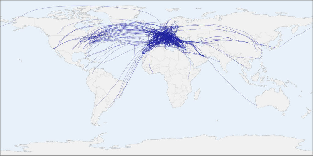 Global flight map showing aircraft paths