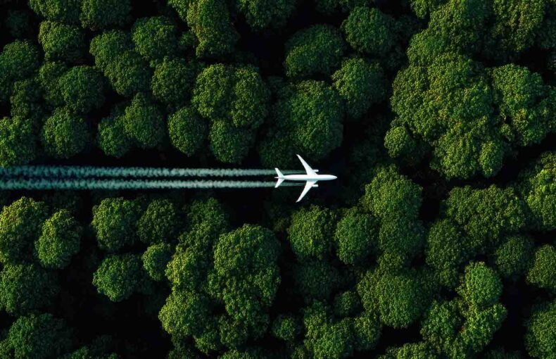 A high-angle, aerial drone shot looking directly down at white passenger airplane soaring horizontally across a dense, vibrant green forest canopy
